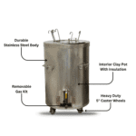 Round Catering Clay Tandoor Oven CS01 – Key Features Callout Diagram, the features says Durable stainless steel, interior clay pot with insulation, removable gas kit and heavy 5 inch caster front wheels.