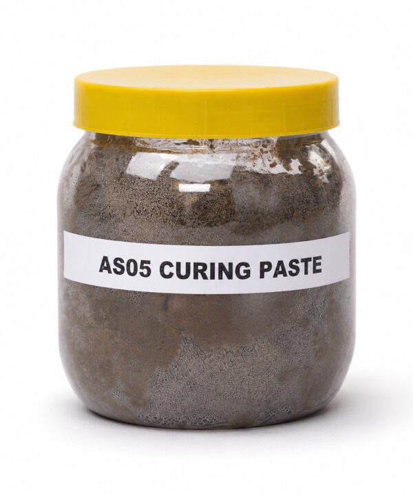 Tandoor oven Curing Paste AS05 – front view of clear plastic jar with yellow lid filled with dark grey-brown curing paste, showing white label reading AS05 CURING PASTE, on white background