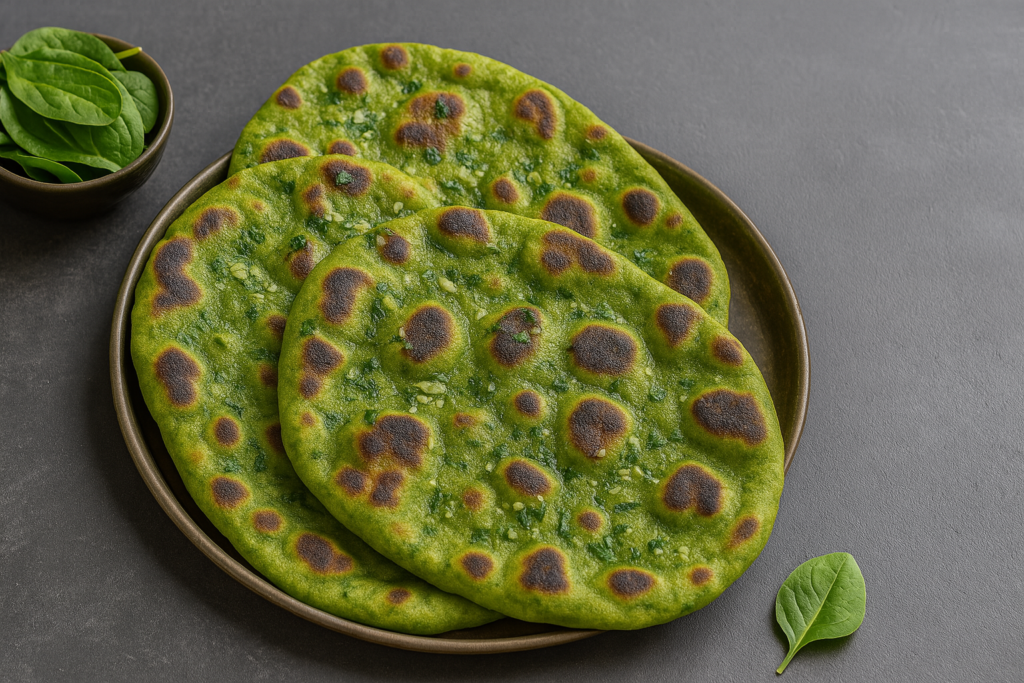 Wide-angle photo of freshly cooked spinach naan placed on a rustic wooden board, showing blistered, golden edges and vibrant green color—perfectly illustrating how to make spinach naan in a clay tandoor.