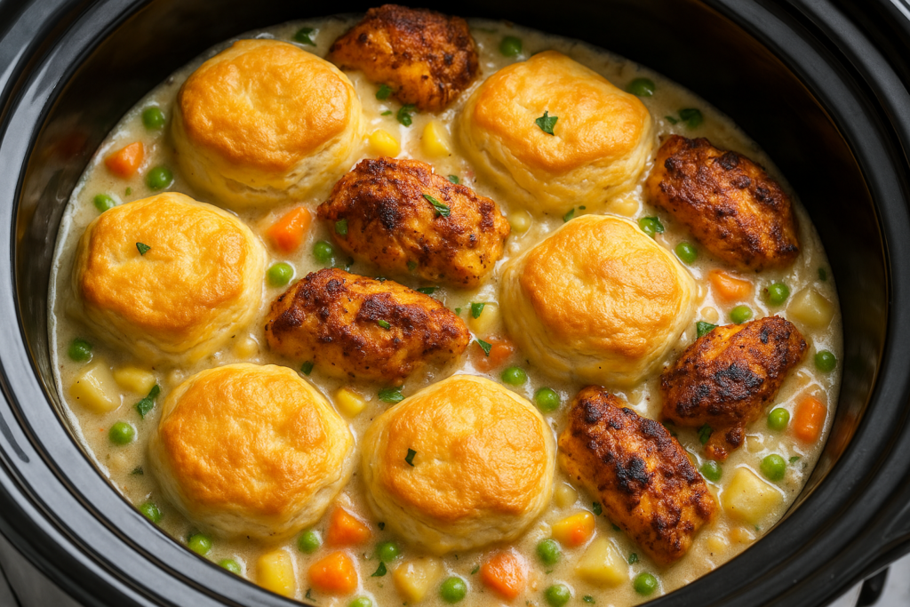 A hearty bowl of slow cooker chicken pot pie filled with creamy stew, chunks of tandoori chicken, vegetables, and topped with golden biscuits — a comforting take on the best slow cooker chicken pot pie recipe.
