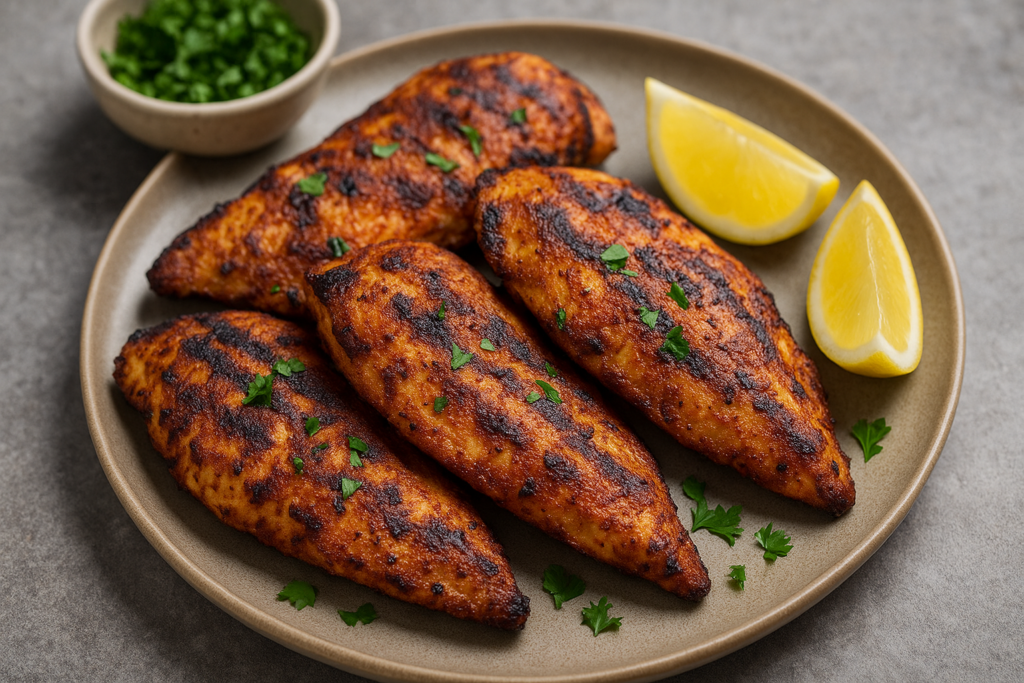 Grilled chicken breasts served on a plate with lemon wedges and herbs, showcasing one of the best thin sliced chicken breast recipes cooked with a smoky spice blend.