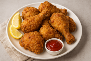 A plate of crispy Filipino Fried Chicken served with banana ketchup and garnished with lemon wedges, showcasing the perfect golden crust and juicy interior of this classic Filipino dish.
