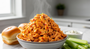 A delicious, steaming bowl of Instant Pot Buffalo Chicken, perfectly shredded and coated in a vibrant orange sauce, is the star of this image. Accompanied by slider buns, crisp celery, and blue cheese dressing, it showcases a perfect and easy meal.
