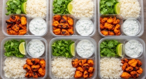 A flat lay of delicious, homemade Chicken and Rice Prep Meals. Five clear containers are neatly arranged, showcasing vibrant tandoori chicken with a perfect char, fluffy basmati rice, a side of creamy raita, and garnished with fresh cilantro and a lime wedge, ready for a week of healthy eating.
