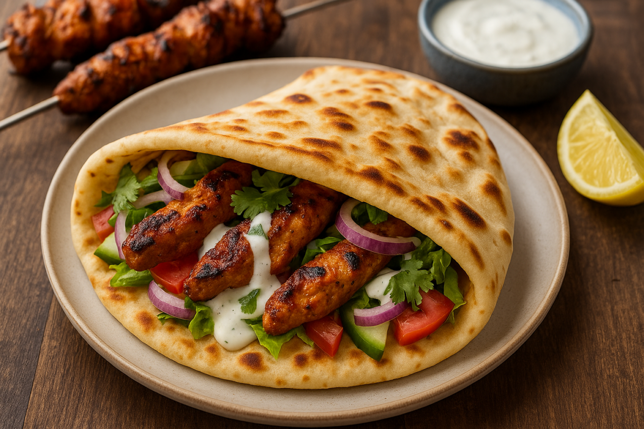 A chicken naan wrap placed on a wooden board, filled with tandoori chicken, fresh vegetables, and yogurt garlic sauce, showcasing a flavorful and portable chicken naan meal.