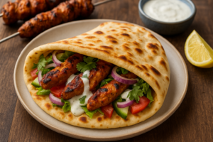 A chicken naan wrap placed on a wooden board, filled with tandoori chicken, fresh vegetables, and yogurt garlic sauce, showcasing a flavorful and portable chicken naan meal.