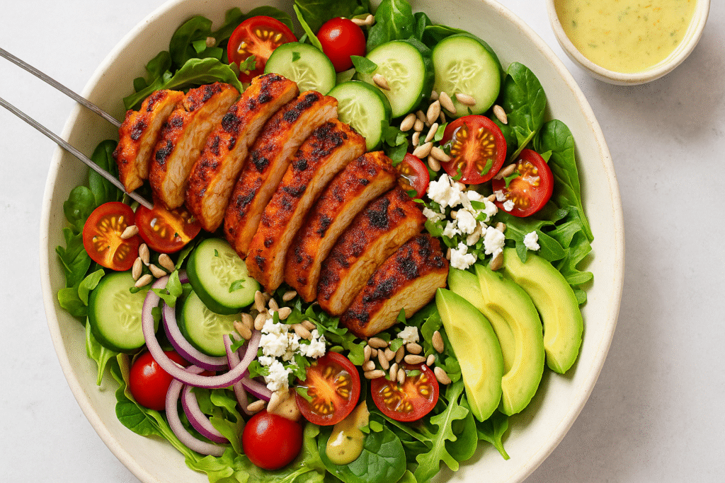 A vibrant grilled chicken salad served in a white bowl, featuring tandoor-cooked chicken, fresh greens, cherry tomatoes, cucumbers, and creamy dressing—perfect for viral chicken salad recipes.