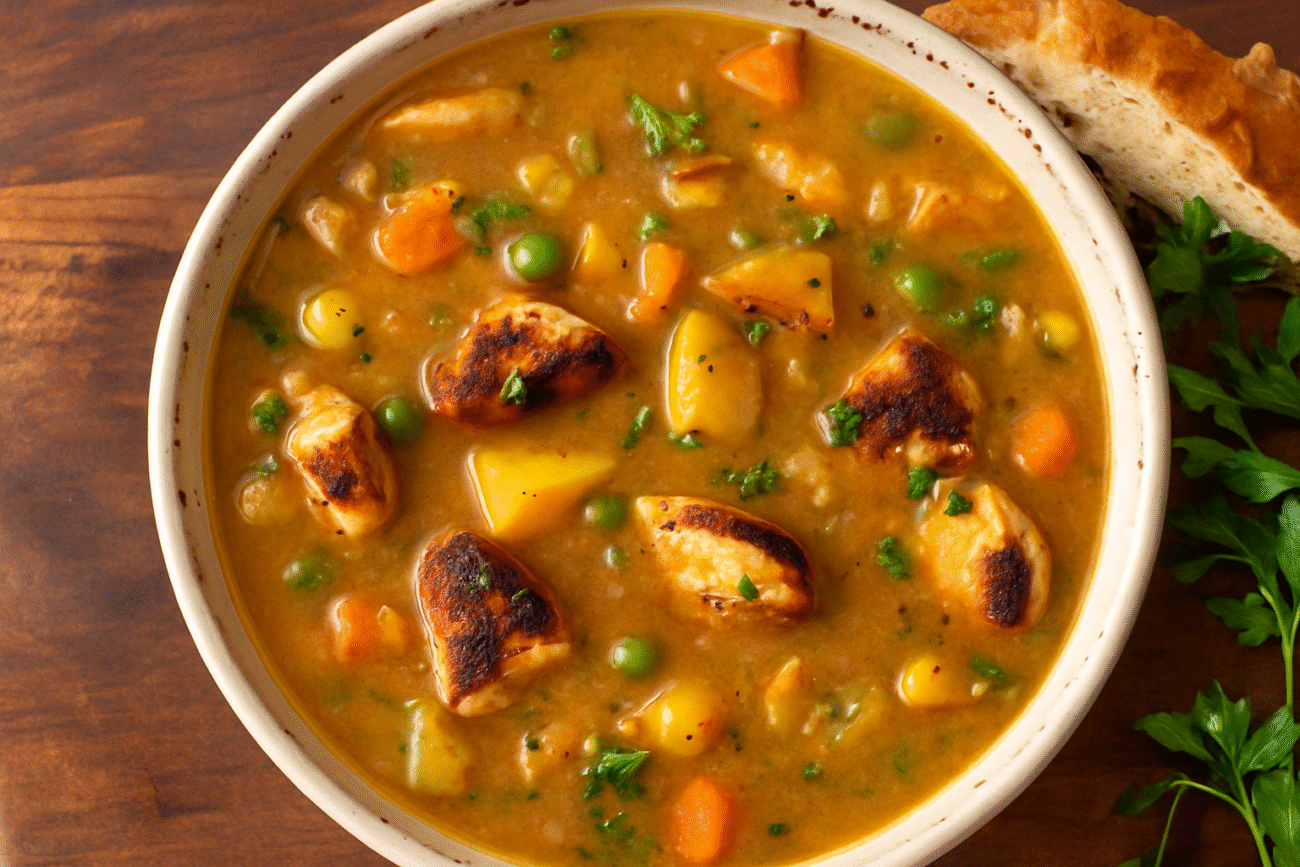 A hearty bowl of thick chicken stew featuring tender vegetables, tandoor-roasted chicken chunks, and a rich, creamy broth—perfect for a cozy winter meal in this chicken stew recipe.