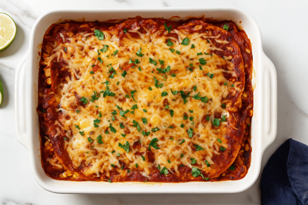 A freshly baked freezer chicken enchilada casserole topped with melted cheese and garnished with cilantro, showing layered tortillas, chicken filling, and enchilada sauce — the perfect make-ahead dinner.