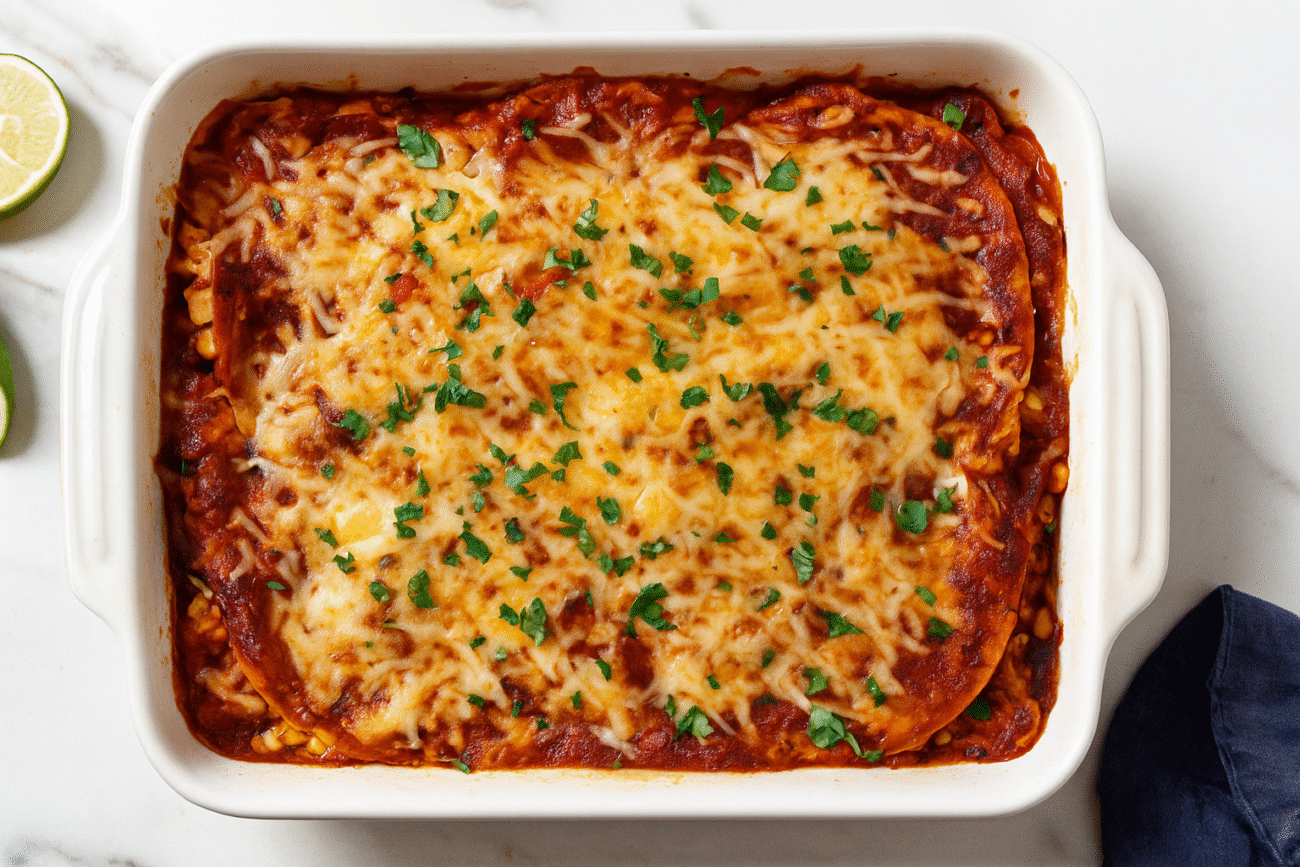A freshly baked freezer chicken enchilada casserole topped with melted cheese and garnished with cilantro, showing layered tortillas, chicken filling, and enchilada sauce — the perfect make-ahead dinner.