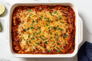 A freshly baked freezer chicken enchilada casserole topped with melted cheese and garnished with cilantro, showing layered tortillas, chicken filling, and enchilada sauce — the perfect make-ahead dinner.