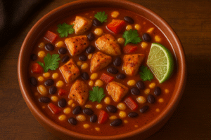 A hearty bowl of chicken chili topped with fresh cilantro and lime, showcasing one of the best healthy chicken chili recipes made with tandoor-roasted chicken and beans.