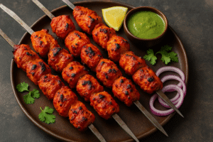 Four skewers of juicy chicken rangreza cooked in a tandoor, showcasing the vibrant colors and smoky texture of this flavorful tandoori chicken rangreza recipe.