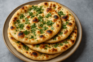 Freshly baked coriander naan on a serving plate, showcasing soft texture and golden-brown edges—an ideal example of a coriander naan recipe made in a tandoor.