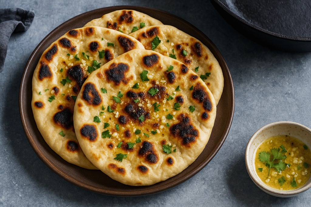 A close-up of freshly made homemade garlic naan, showing golden brown bubbles, crisp edges, and a soft, fluffy texture topped with garlic and herbs.