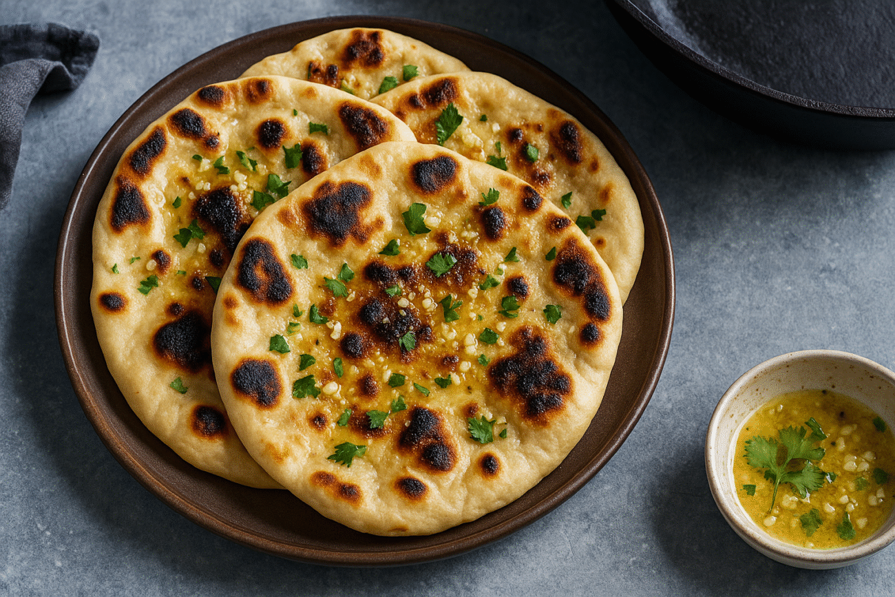 A close-up of freshly made homemade garlic naan, showing golden brown bubbles, crisp edges, and a soft, fluffy texture topped with garlic and herbs.
