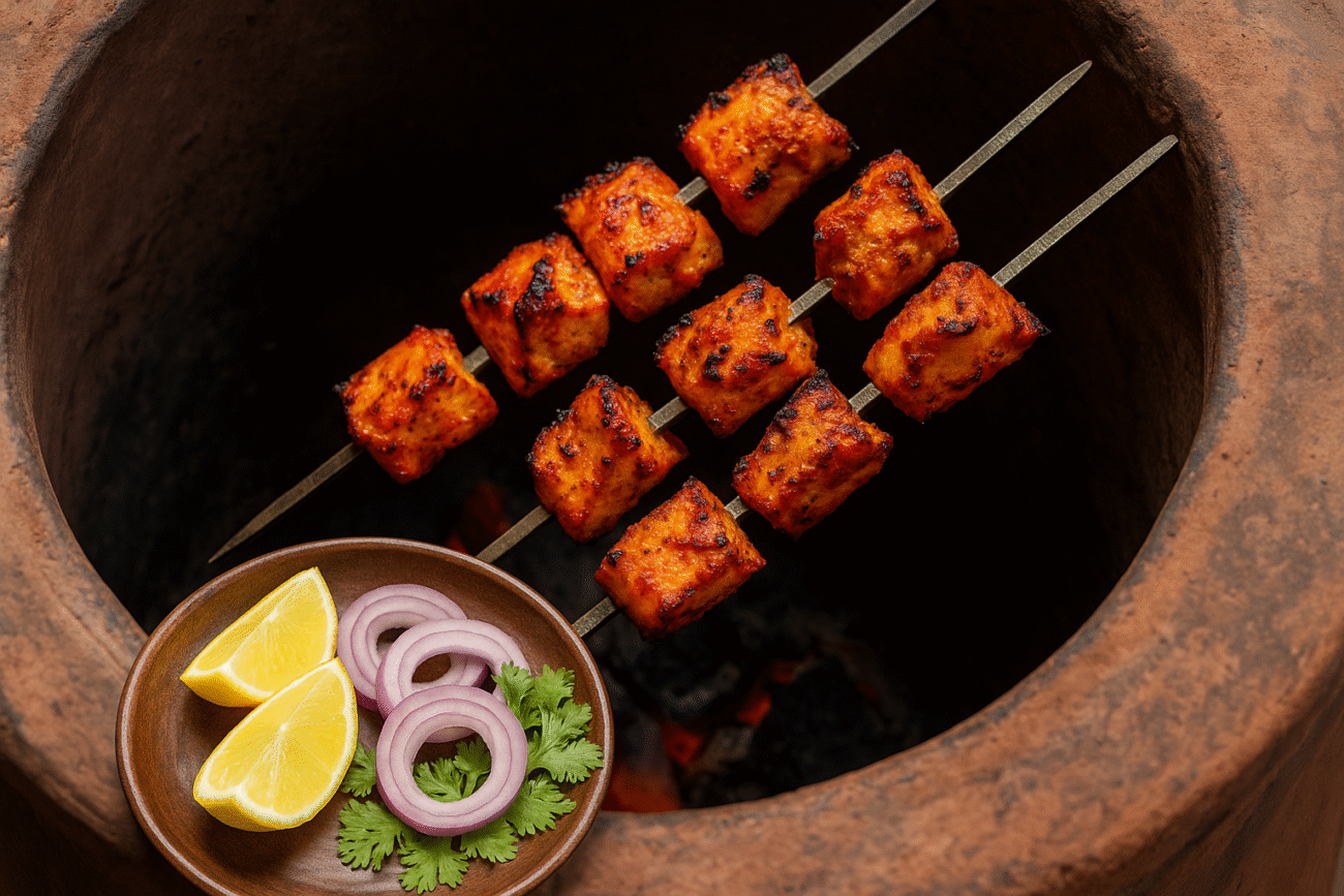 Succulent tandoori fish tikka pieces charred to perfection, served on a platter with lemon wedges and herbs—highlighting the authentic flavor of this grilled tandoori fish recipe.