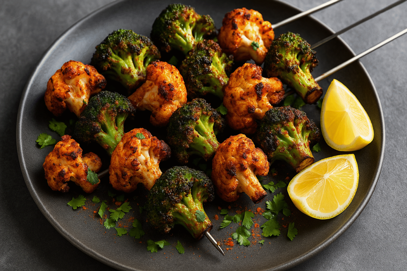 A high-resolution image of tandoori broccoli and cauliflower skewers, roasted to perfection with tandoori spices and garnished with lemon and cilantro — a vibrant veggie BBQ recipe.