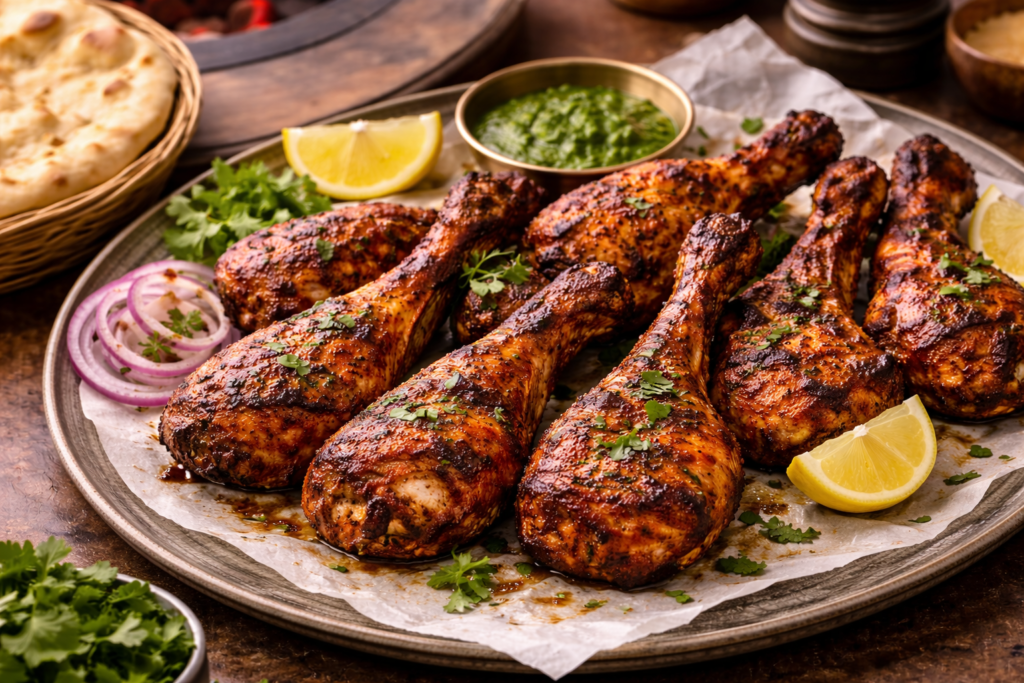 Classic Tandoori Chicken served on a platter with naan, chutney, and lemon wedges – restaurant-style presentation