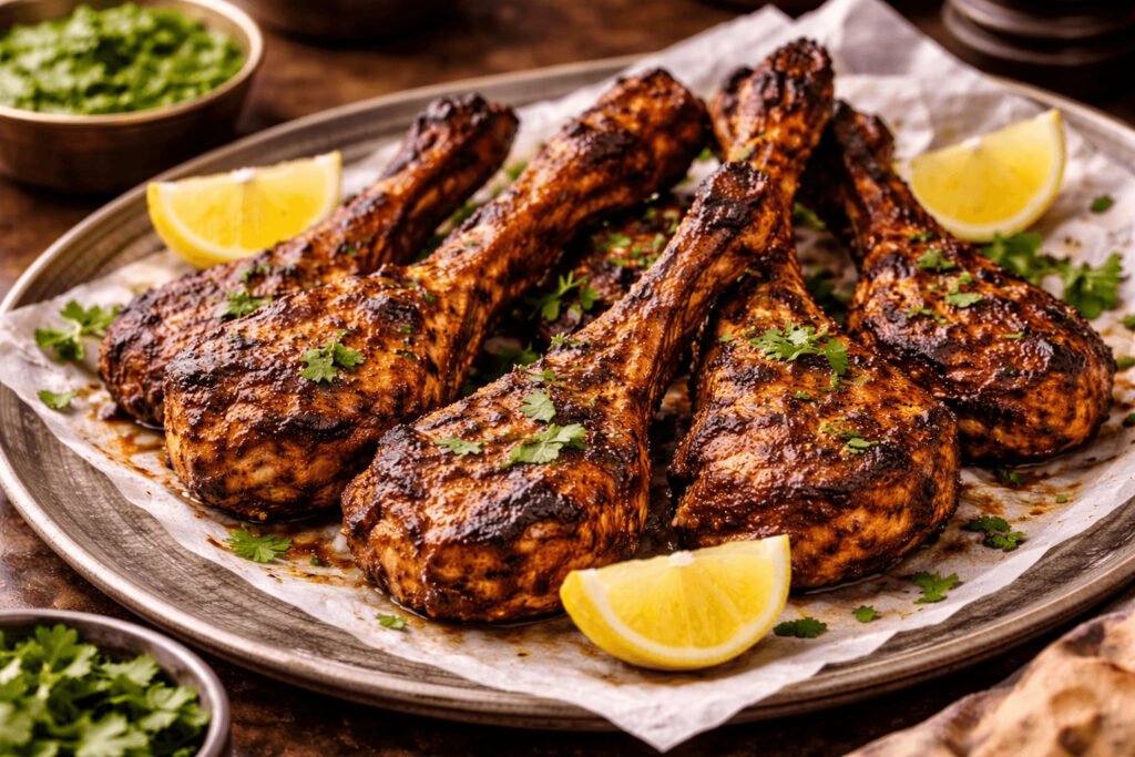Juicy Tandoori Lamb Chops — beautifully grilled, garnished with fresh cilantro, and served with lemon wedges. Perfect for a restaurant-style presentation!