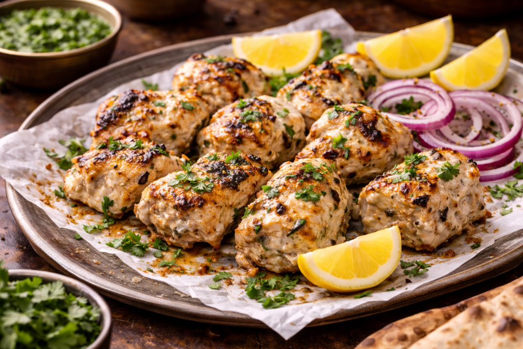 Close-up of grilled Tandoori Malai Tikka, featuring creamy, golden-brown chicken served with onion rings and lemon wedges on a rustic plate.