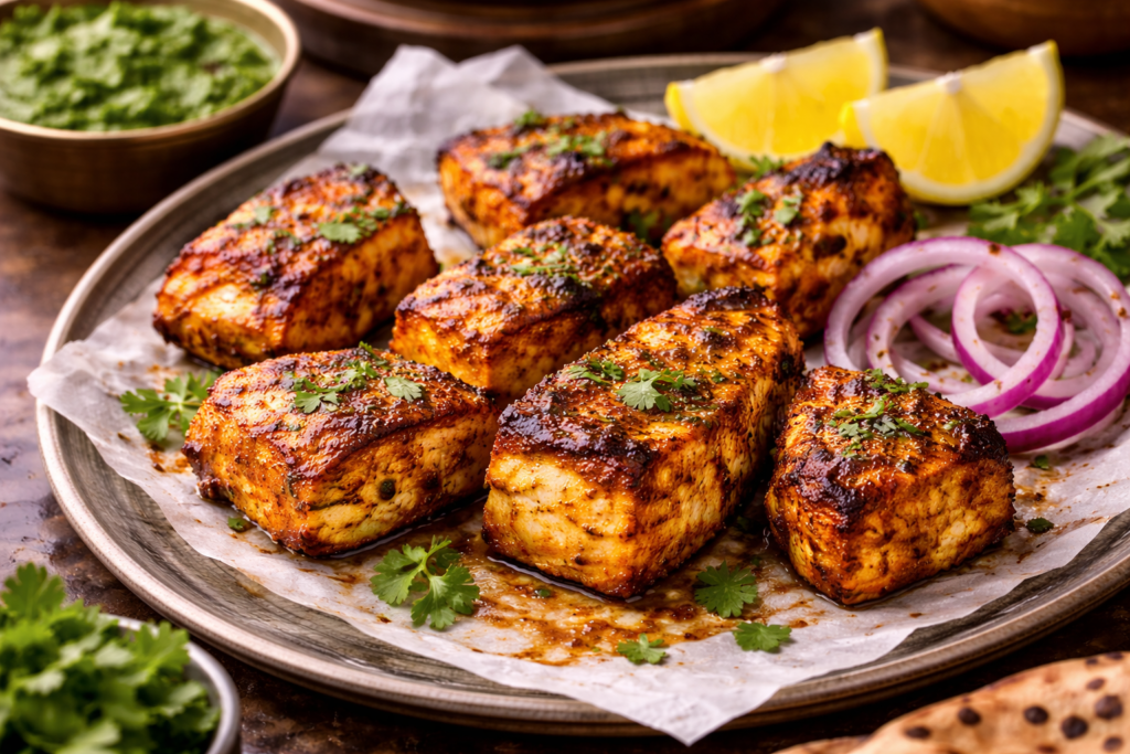 A close-up of grilled Tandoori Fish Tikka served on a rustic plate with lemon wedges, cilantro, and sliced red onions – a classic Indian seafood appetizer.