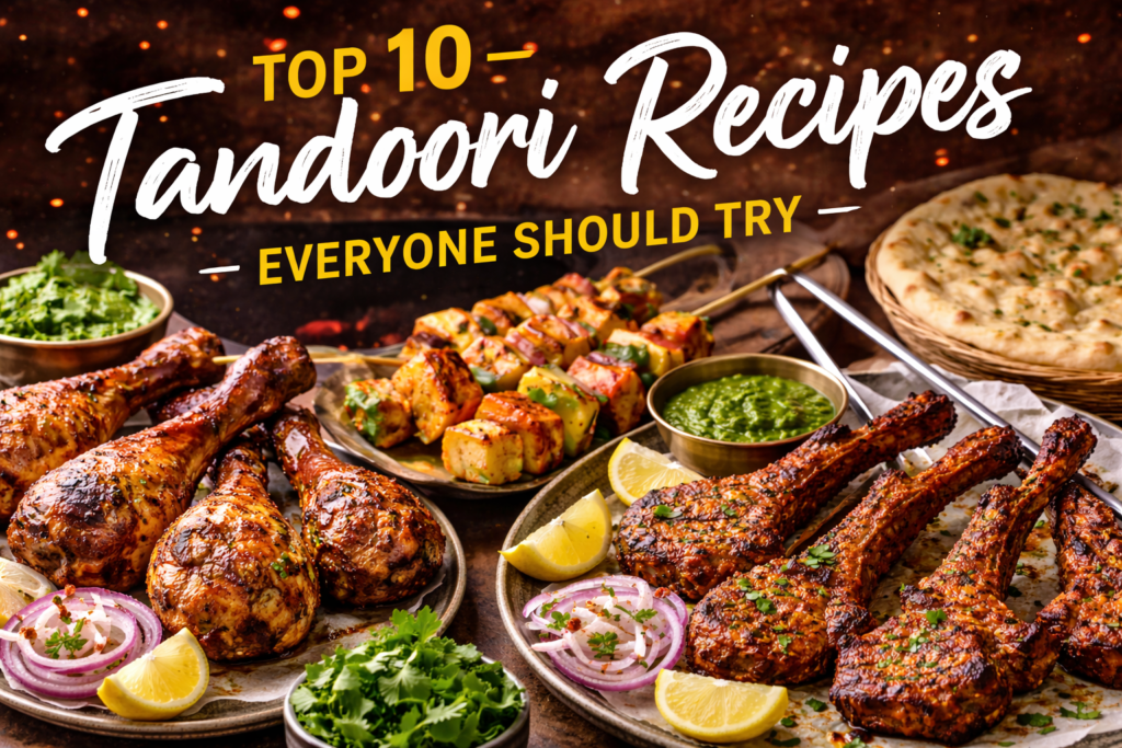 A mouthwatering digital food photography banner showcases various tandoori dishes, including chicken drumsticks, lamb chops, and paneer tikka, with the text Top 10 Tandoori Recipes Everyone Should Try.