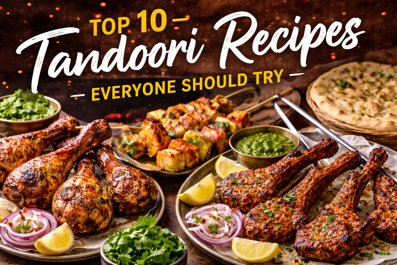 A mouthwatering digital food photography banner showcases various tandoori dishes, including chicken drumsticks, lamb chops, and paneer tikka, with the text Top 10 Tandoori Recipes Everyone Should Try.