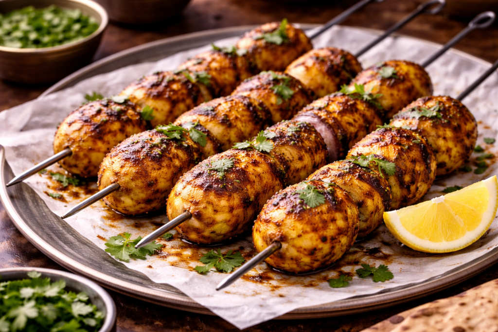Grilled tandoori aloo skewers with golden-brown baby potatoes marinated in Indian spices, served on a parchment-lined plate with fresh cilantro and lemon wedges.