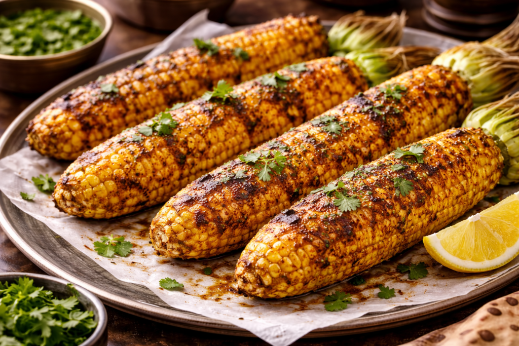 A close-up digital photograph showcases grilled tandoori corn on the cob, seasoned with Indian spices, garnished with fresh cilantro, and served with lemon wedges on a metal platter.
