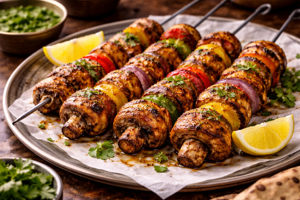 Tandoori Mushroom Tikka skewers grilled with colorful bell peppers, served on a plate with lemon wedges and garnished with cilantro.