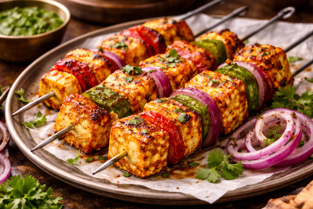 Classic tandoori naan flatbread baked restaurant-style, served warm on a plate with a soft, bubbly texture and lightly charred spots.