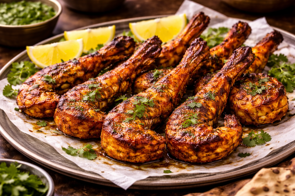 Tandoori prawns served hot with a charred crust, garnished with fresh cilantro and lemon wedges – a perfect Indian seafood delight.