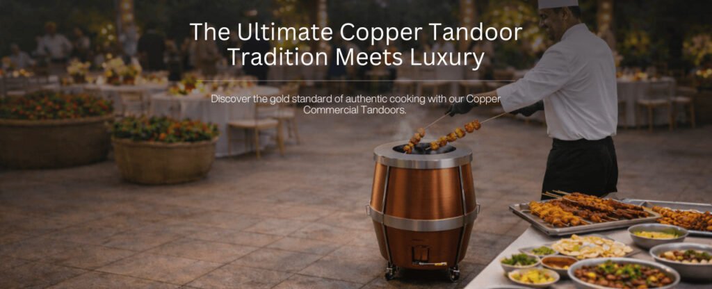 This banner contains the image of a copper tandoor that is being used by a chef to cook at a live catering event