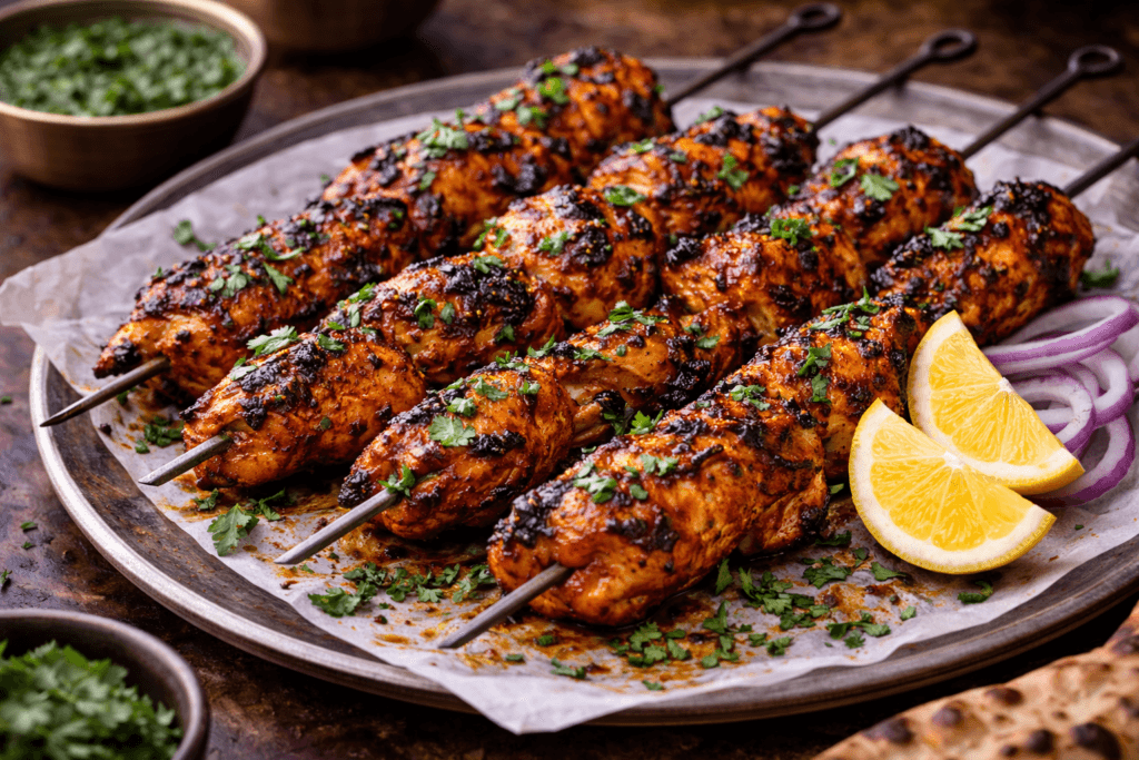 Juicy tandoori chicken wings grilled to perfection with smoky charred edges, garnished with cilantro and lemon wedges, served restaurant style on a platter.