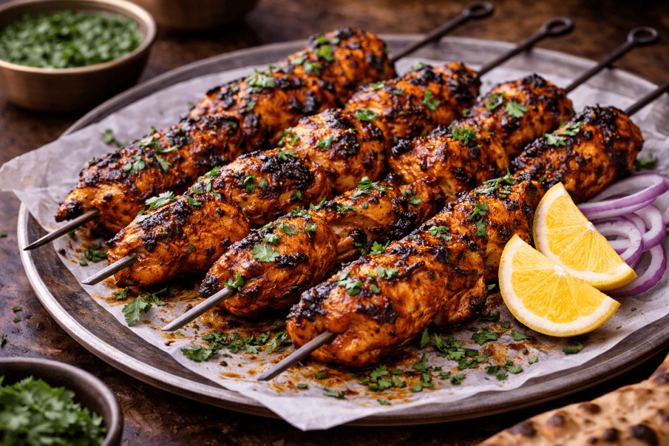 Juicy tandoori chicken wings grilled to perfection with smoky charred edges, garnished with cilantro and lemon wedges, served restaurant style on a platter.