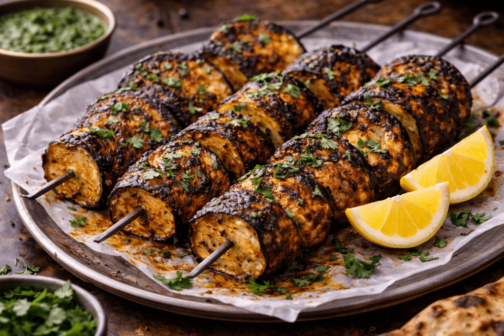Smoky tandoori eggplant grilled to perfection with charred edges, garnished with fresh cilantro and lemon wedges – a flavorful homemade tandoori eggplant dish.