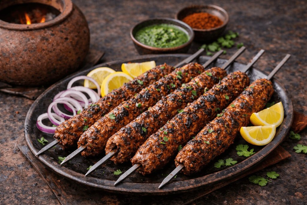 Authentic lamb seekh kebabs cooked as tandoori lamb skewers, served with lemon wedges, onion rings, and mint chutney on a rustic platter.