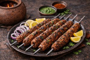 Authentic lamb seekh kebabs cooked as tandoori lamb skewers, served with lemon wedges, onion rings, and mint chutney on a rustic platter.