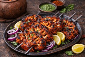Smoky tandoori cauliflower steaks grilled in a clay oven, served with lemon wedges, onions, and mint chutney on a rustic platter.