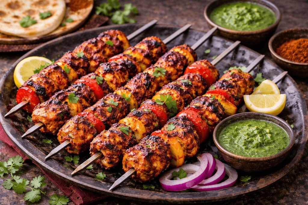 Smoky tandoori jackfruit skewers grilled with peppers and onions, served with mint chutney and lemon wedges on a rustic platter.