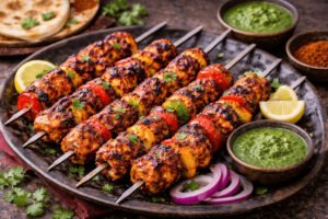 Smoky tandoori jackfruit skewers grilled with peppers and onions, served with mint chutney and lemon wedges on a rustic platter.