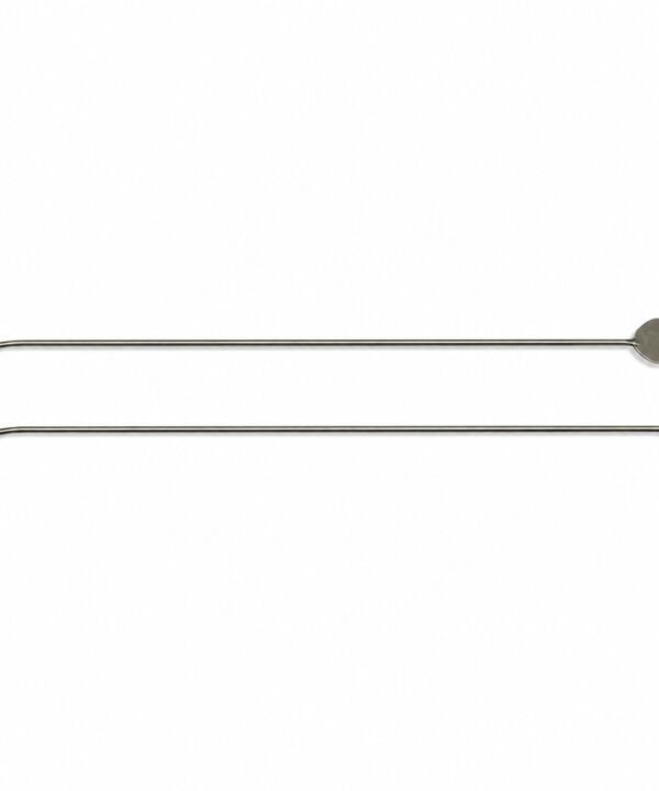 Tandoori Naan Rod Pair AS03 – title product image showing both long stainless steel naan rods laid side by side on white background; top rod has a flat spatula blade tip for lifting naan, bottom rod has a pointed hook tip for detaching naan from tandoor walls, both with coiled loop handles at the opposite end