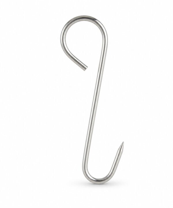 Tandoor Meat Hanging Hook AS17 shown as a polished stainless steel S-hook with a pointed lower tip and rounded upper loop on a white background
