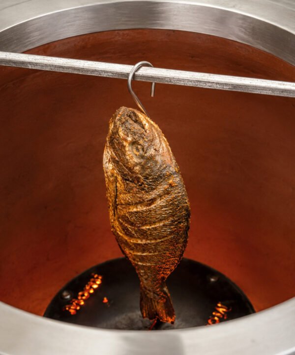 Tandoor Meat Hanging Hook AS17 suspending a whole roasted fish vertically inside a glowing clay tandoor oven with live embers visible at the base