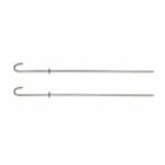 Pair of round stainless steel Tandoor Skewers with J-hook handles and circular guard discs shown full length side by side on a white background