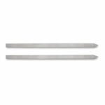 Two silver flat stainless steel Tandoor Skewers laid parallel on a white background showing the broad flat profile and tapered pointed tips