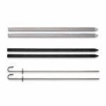 Three types of Tandoor Skewers shown side by side on a white background — two silver flat skewers at top, two black flat skewers in the middle, and two round stainless steel skewers with J-hook handles at the bottom