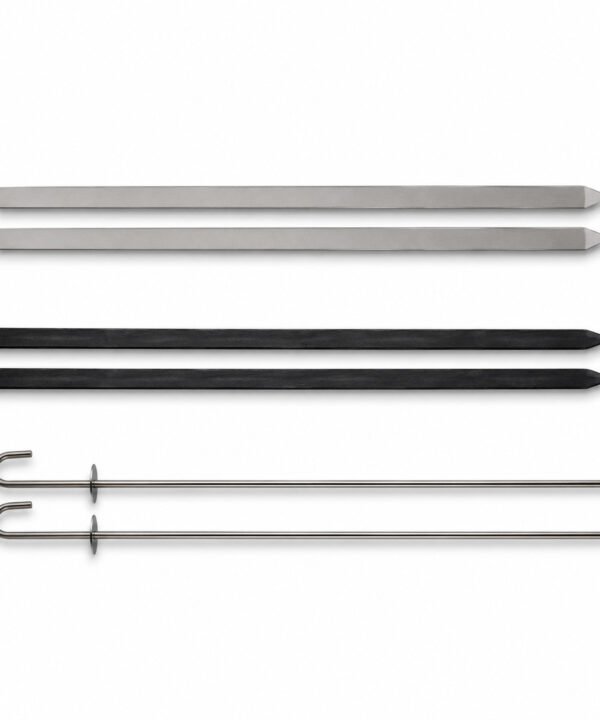 Three types of Tandoor Skewers shown side by side on a white background — two silver flat skewers at top, two black flat skewers in the middle, and two round stainless steel skewers with J-hook handles at the bottom