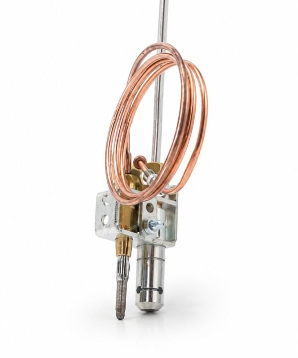 Gas Tandoor Pilot Assembly AS13 – close-up angled view of the pilot assembly bracket section on white background, showing the coiled copper thermocouple capillary tube, brass pilot gas jet, stainless steel pilot nozzle tube, igniter electrode with pointed tip, steel L-bracket mounting plate with bolt holes, and zinc-plated adjustment hardware, with the long stainless steel pilot tube rising out of frame at the top